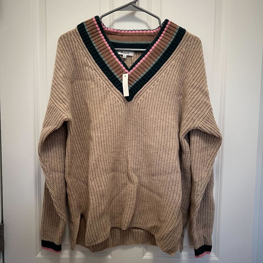 Madewell Tipped Forrest V-Neck Sweater in Heath Birch, Size M